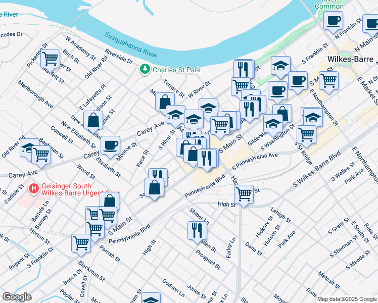 map of restaurants, bars, coffee shops, grocery stores, and more near 379 South Main Street in Wilkes-Barre