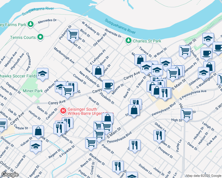 map of restaurants, bars, coffee shops, grocery stores, and more near 32 Alexander Street in Wilkes-Barre
