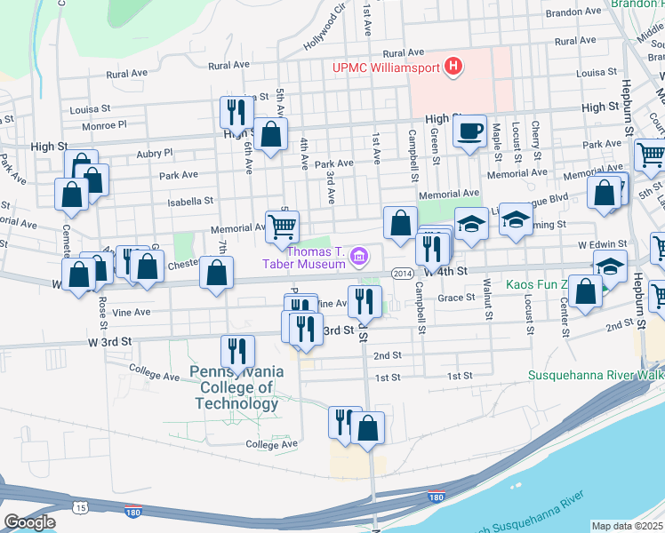 map of restaurants, bars, coffee shops, grocery stores, and more near 945 West 4th Street in Williamsport