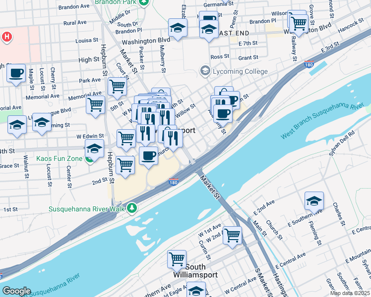 map of restaurants, bars, coffee shops, grocery stores, and more near in Williamsport