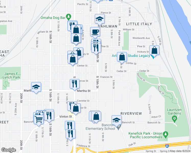 map of restaurants, bars, coffee shops, grocery stores, and more near 2108 South 10th Street in Omaha