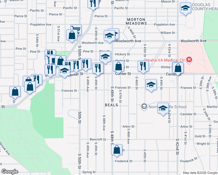 map of restaurants, bars, coffee shops, grocery stores, and more near 2103 South 48th Avenue in Omaha