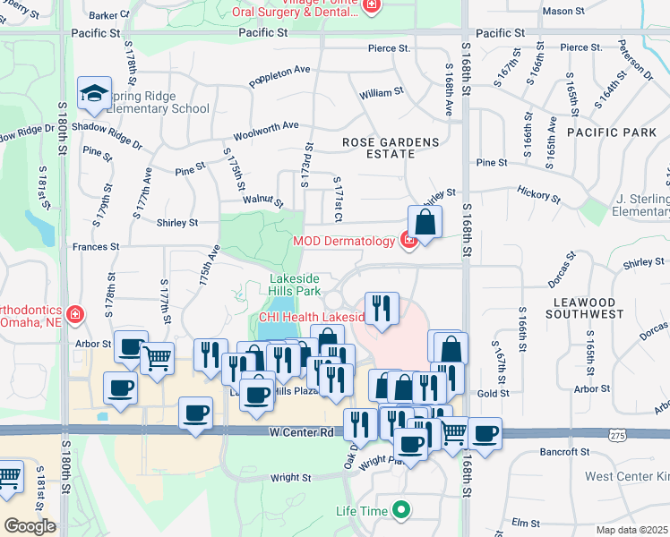 map of restaurants, bars, coffee shops, grocery stores, and more near 17040 Frances Street in Omaha