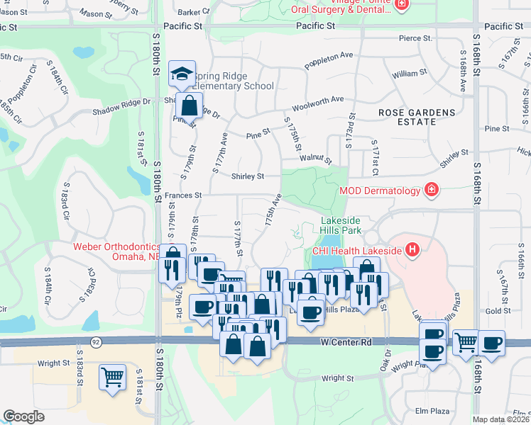 map of restaurants, bars, coffee shops, grocery stores, and more near S 175th Ave in Omaha