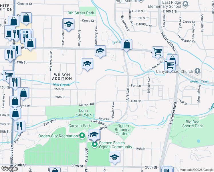 map of restaurants, bars, coffee shops, grocery stores, and more near 896 16th Street in Ogden