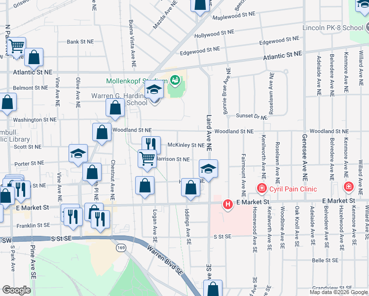 map of restaurants, bars, coffee shops, grocery stores, and more near 1143 Harrison Street Northeast in Warren