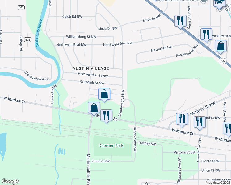 map of restaurants, bars, coffee shops, grocery stores, and more near 425 Southern Boulevard Northwest in Warren