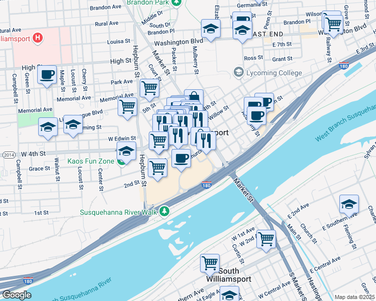 map of restaurants, bars, coffee shops, grocery stores, and more near 200298 Laurel Street in Williamsport