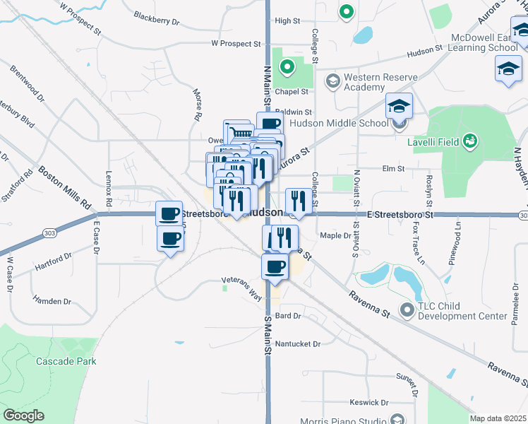 map of restaurants, bars, coffee shops, grocery stores, and more near in Hudson