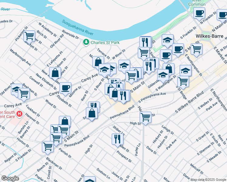 map of restaurants, bars, coffee shops, grocery stores, and more near 379 South Main Street in Wilkes-Barre