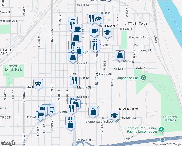 map of restaurants, bars, coffee shops, grocery stores, and more near 1960 South 11th Street in Omaha