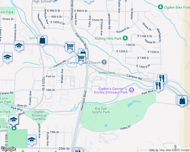 map of restaurants, bars, coffee shops, grocery stores, and more near 1349 Millcreek Drive in Ogden