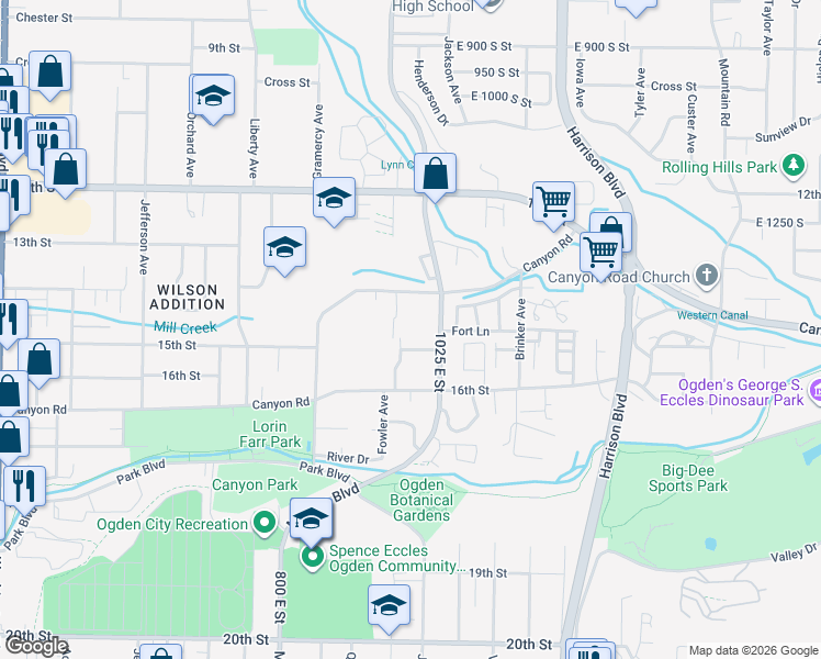 map of restaurants, bars, coffee shops, grocery stores, and more near 91 1501 South in Ogden