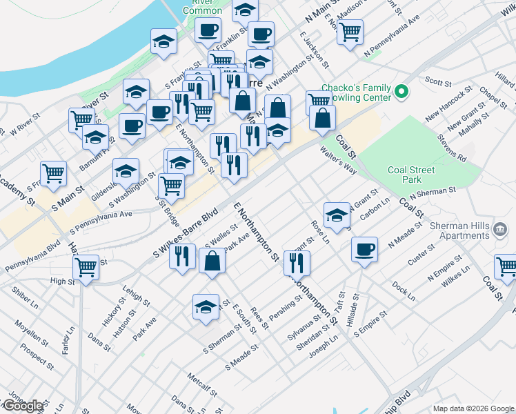 map of restaurants, bars, coffee shops, grocery stores, and more near 62 Lanning Lane in Wilkes-Barre