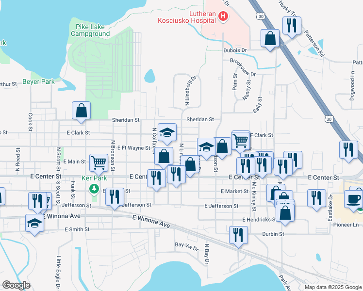 map of restaurants, bars, coffee shops, grocery stores, and more near 1910 East Fort Wayne Street in Warsaw