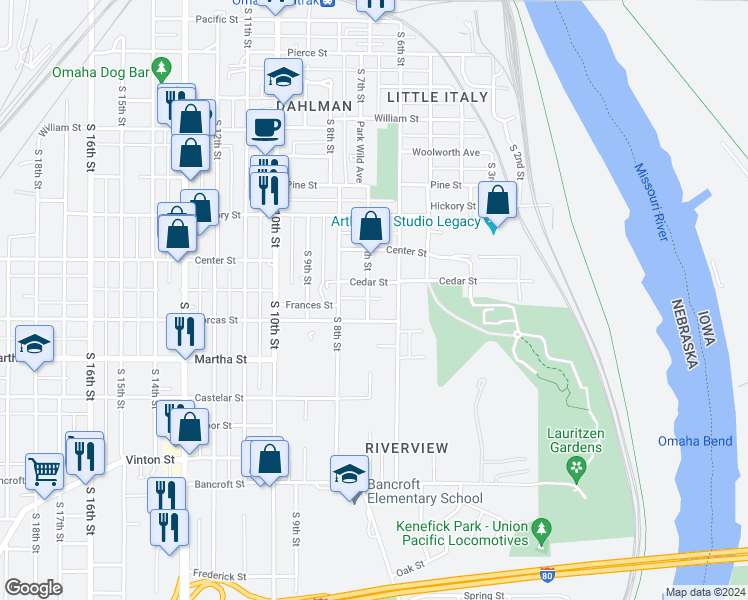 map of restaurants, bars, coffee shops, grocery stores, and more near 616 Dorcas Street in Omaha