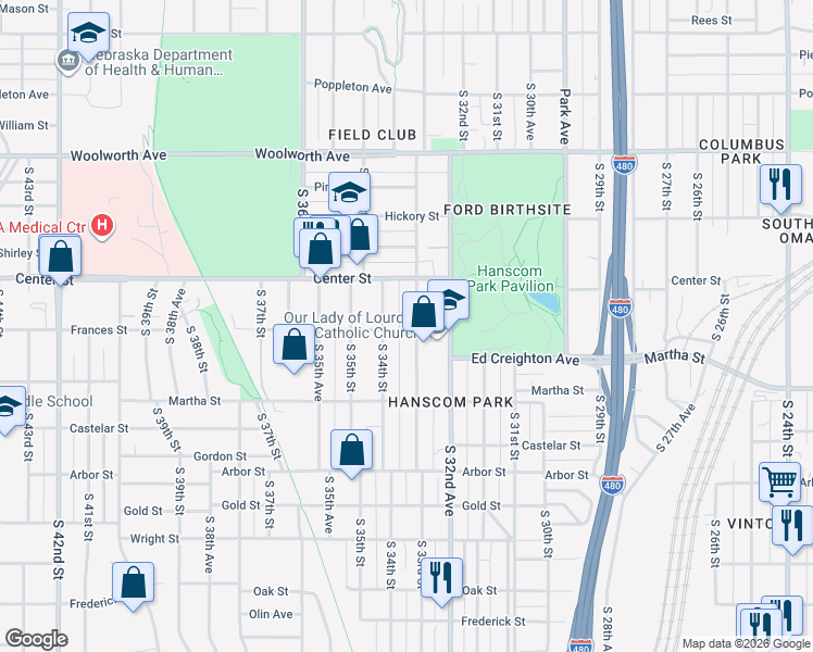 map of restaurants, bars, coffee shops, grocery stores, and more near 2115 South 34th Street in Omaha