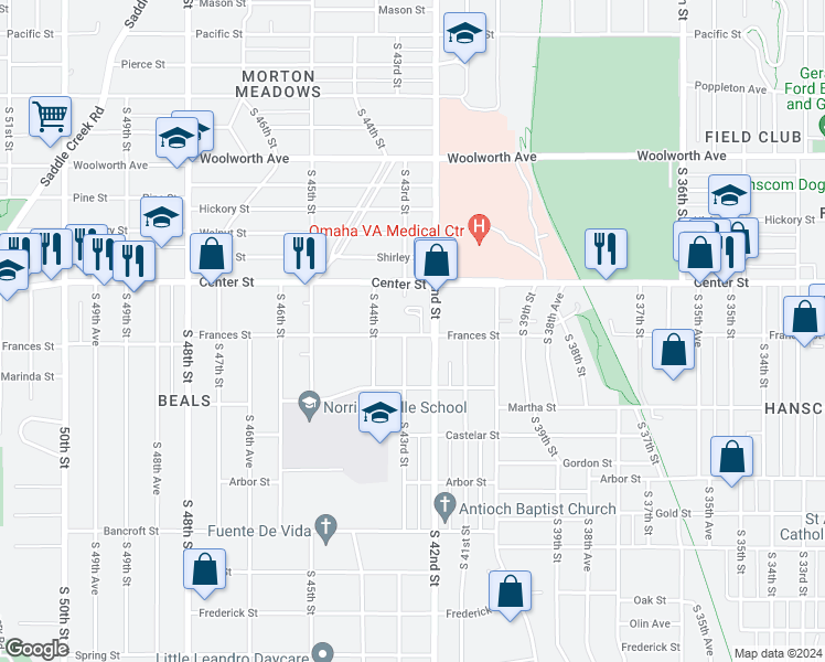 map of restaurants, bars, coffee shops, grocery stores, and more near 2112 South 42nd Street in Omaha