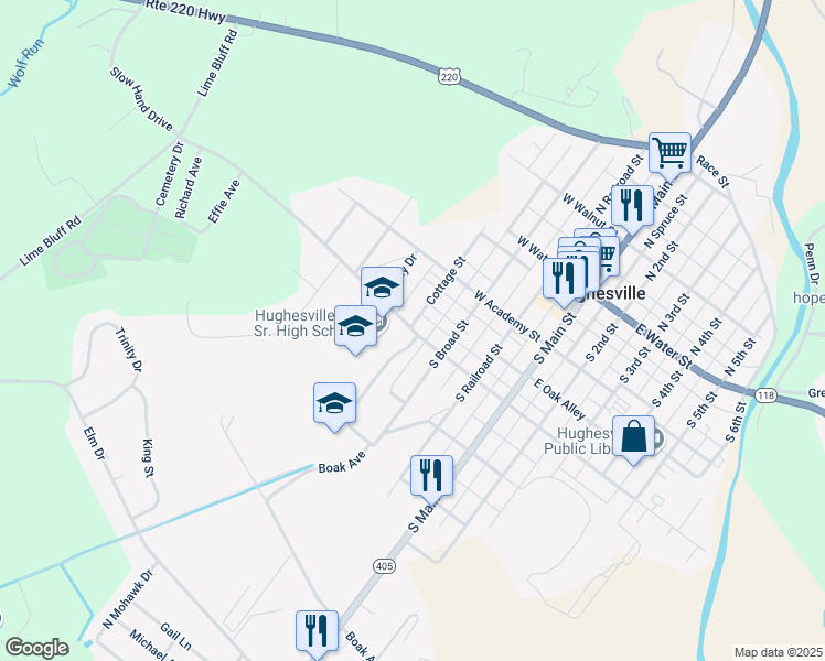 map of restaurants, bars, coffee shops, grocery stores, and more near 293 Cemetery Street in Hughesville
