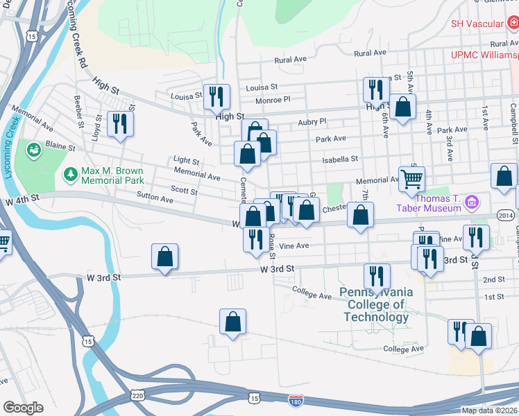 map of restaurants, bars, coffee shops, grocery stores, and more near 1300 West 4th Street in Williamsport