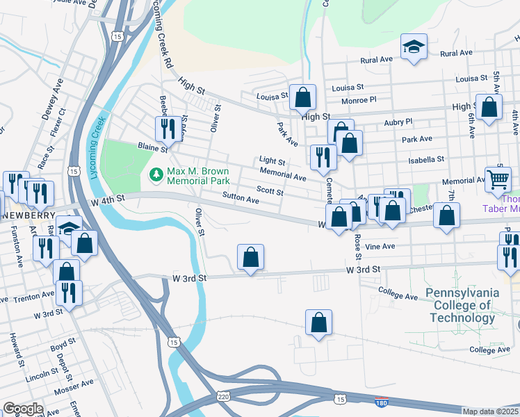 map of restaurants, bars, coffee shops, grocery stores, and more near 1501-1599 State Route 2014 in Williamsport