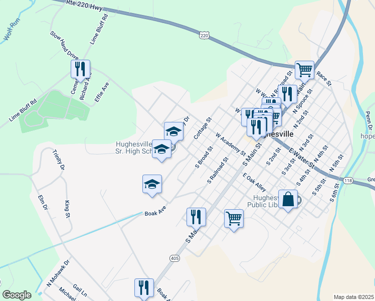 map of restaurants, bars, coffee shops, grocery stores, and more near 293 Cemetery Street in Hughesville
