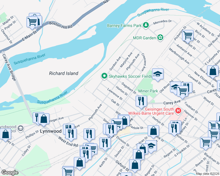 map of restaurants, bars, coffee shops, grocery stores, and more near 121 Oak Street in Wilkes-Barre
