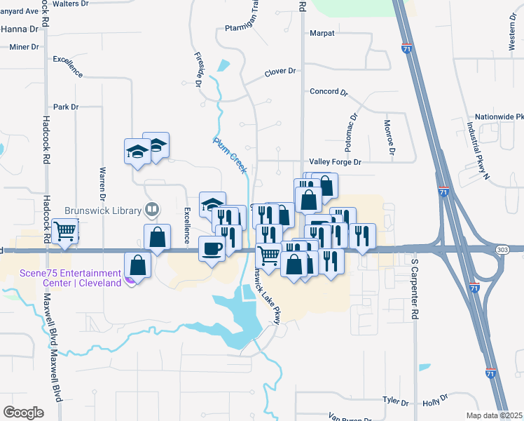 map of restaurants, bars, coffee shops, grocery stores, and more near 3451 Center Road in Brunswick