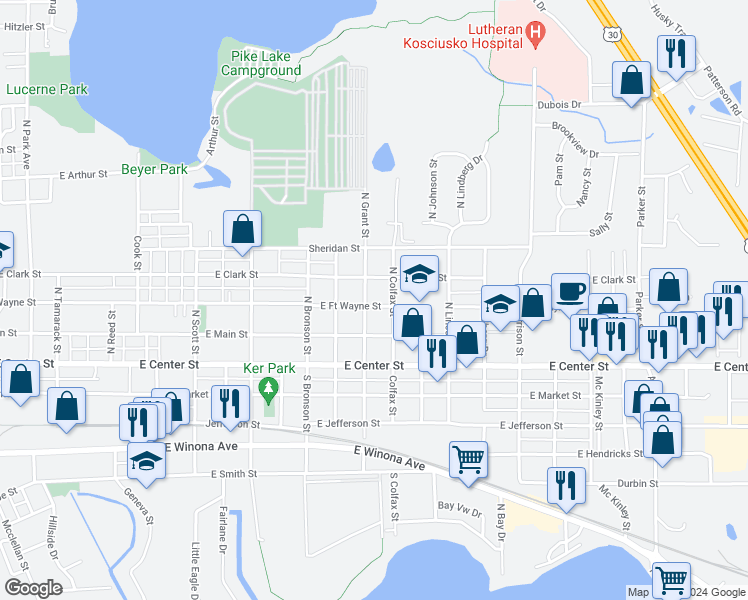 map of restaurants, bars, coffee shops, grocery stores, and more near 1601 East Fort Wayne Street in Warsaw
