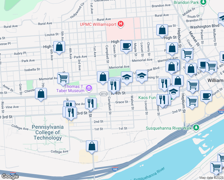 map of restaurants, bars, coffee shops, grocery stores, and more near 770 West 4th Street in Williamsport