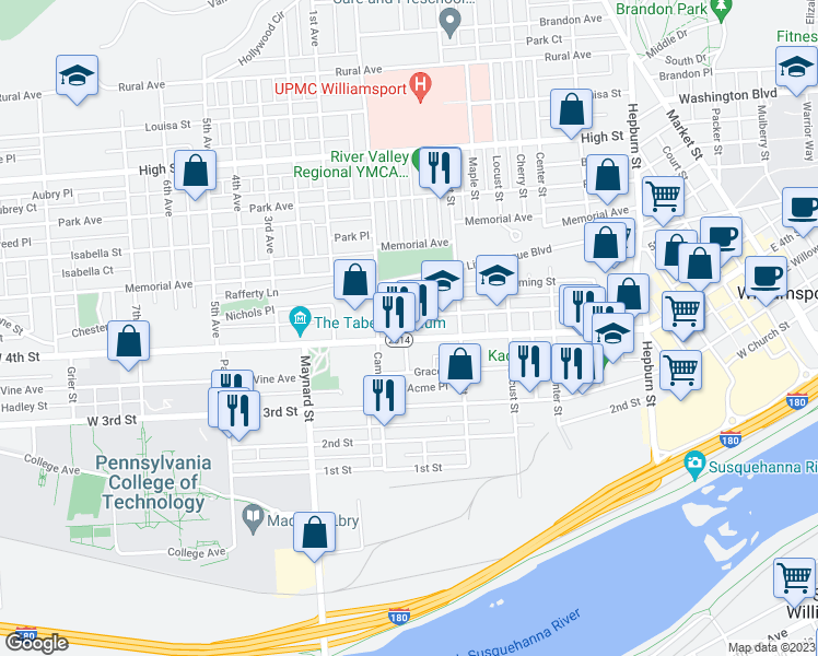 map of restaurants, bars, coffee shops, grocery stores, and more near 738 West 4th Street in Williamsport