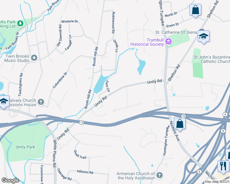 map of restaurants, bars, coffee shops, grocery stores, and more near 251 Unity Road in Trumbull