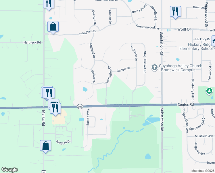 map of restaurants, bars, coffee shops, grocery stores, and more near 1277 Terrington Dr in Brunswick