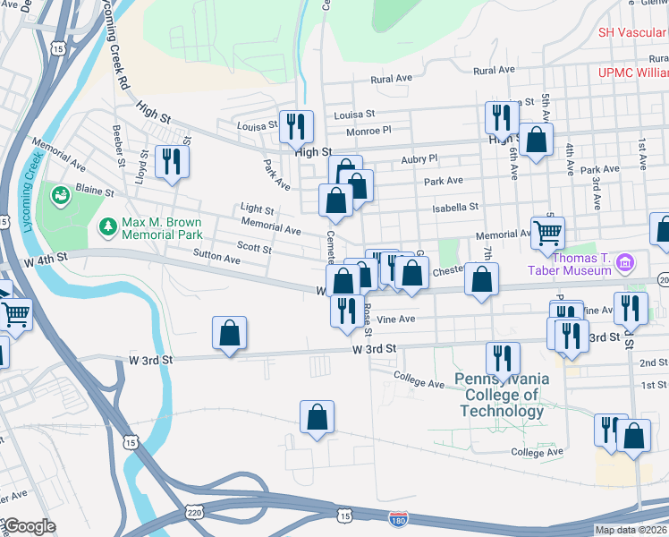 map of restaurants, bars, coffee shops, grocery stores, and more near 424 Cemetery Street in Williamsport
