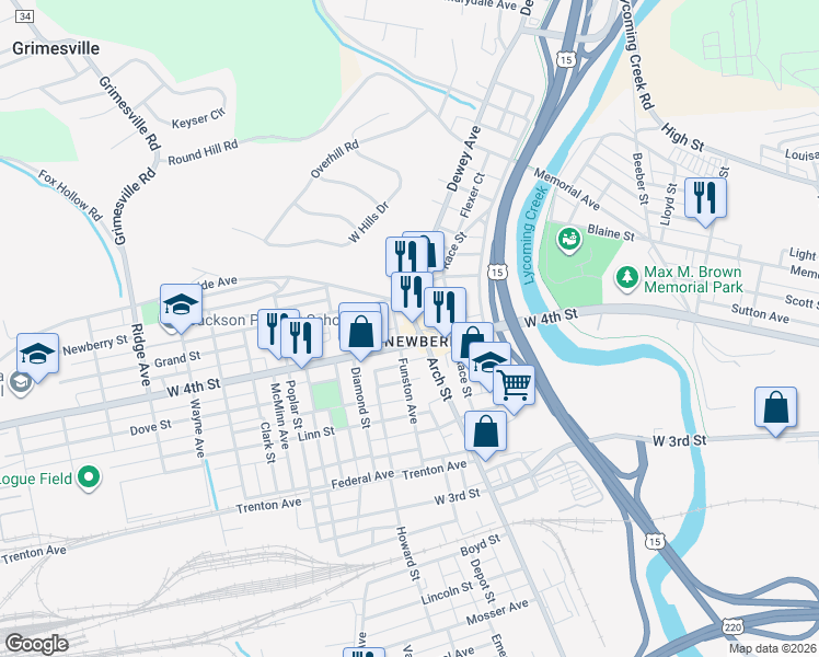 map of restaurants, bars, coffee shops, grocery stores, and more near 2017 West 4th Street in Williamsport