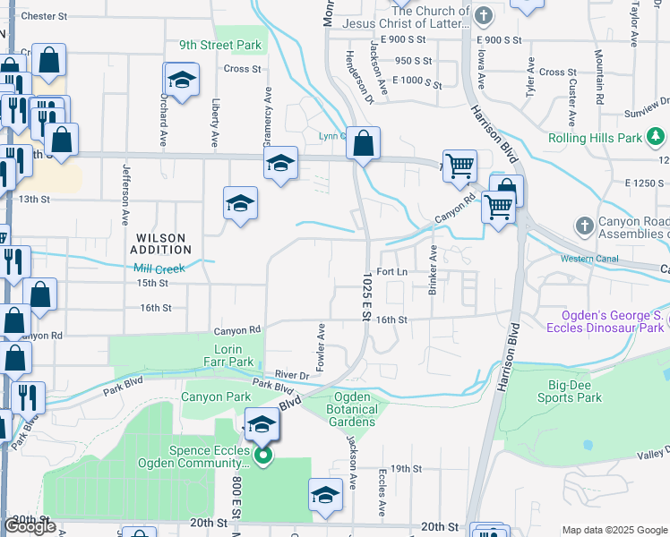 map of restaurants, bars, coffee shops, grocery stores, and more near 947 Canyon Road in Ogden
