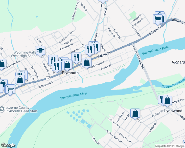 map of restaurants, bars, coffee shops, grocery stores, and more near 170 Beade Street in Plymouth