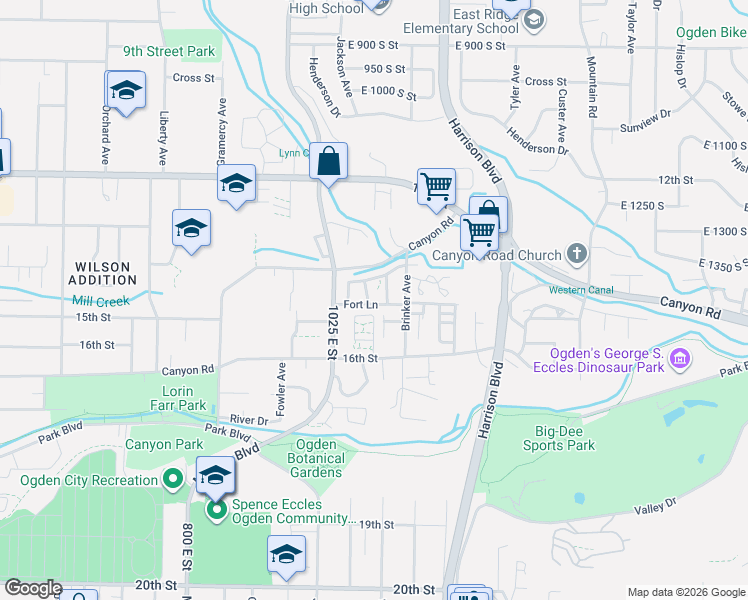 map of restaurants, bars, coffee shops, grocery stores, and more near 1064 Fort Lane in Ogden