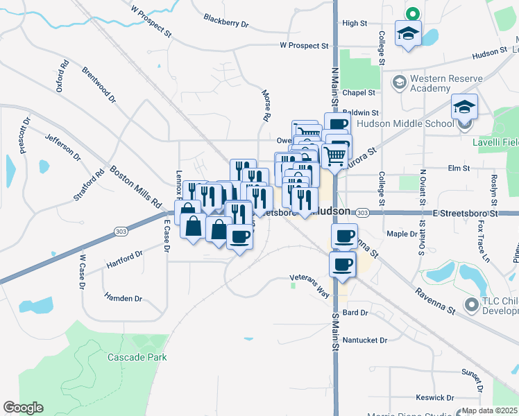 map of restaurants, bars, coffee shops, grocery stores, and more near 82 Milford Drive in Hudson