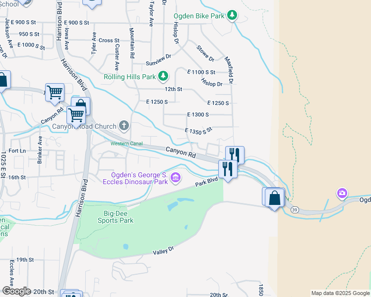 map of restaurants, bars, coffee shops, grocery stores, and more near 1581 Canyon Road in Ogden