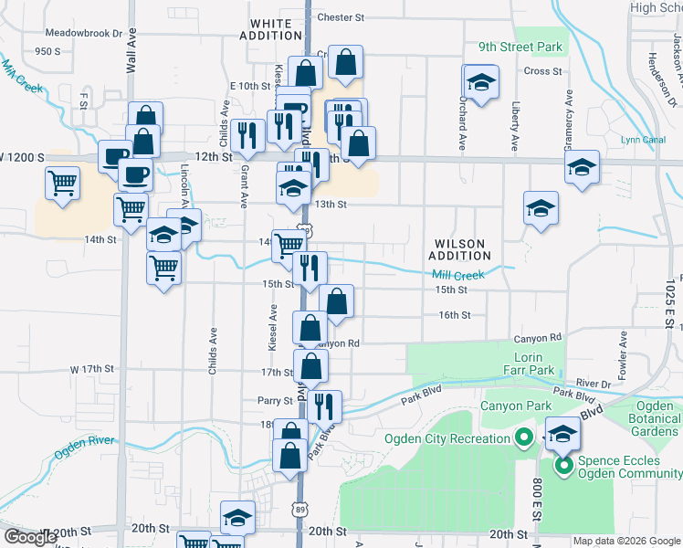 map of restaurants, bars, coffee shops, grocery stores, and more near 1505 Ogden Avenue in Ogden