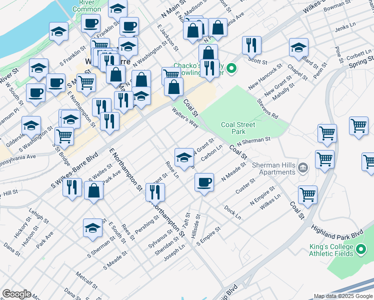 map of restaurants, bars, coffee shops, grocery stores, and more near 89-109 Amber Lane in Wilkes-Barre