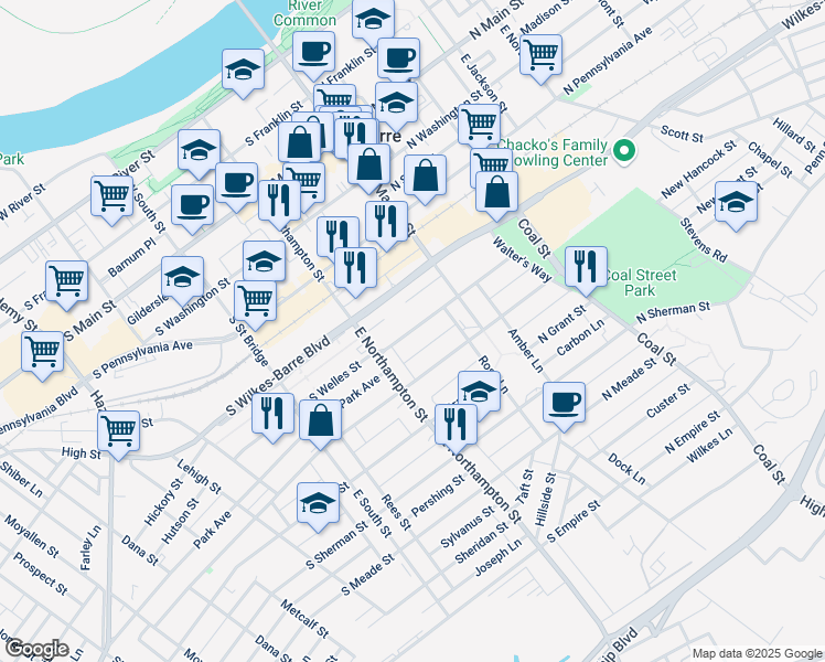 map of restaurants, bars, coffee shops, grocery stores, and more near 62 Lanning Lane in Wilkes-Barre