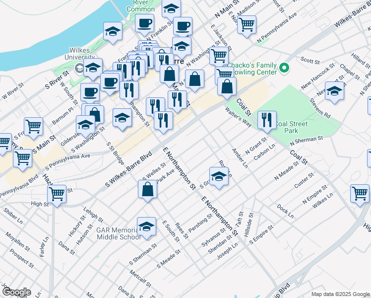 map of restaurants, bars, coffee shops, grocery stores, and more near 62 Lanning Lane in Wilkes-Barre