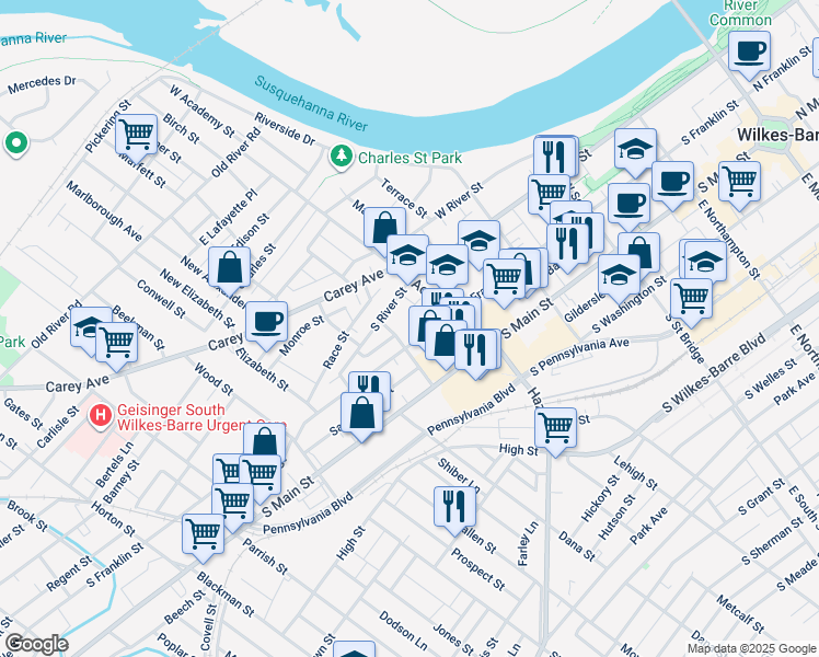 map of restaurants, bars, coffee shops, grocery stores, and more near 379 South Main Street in Wilkes-Barre