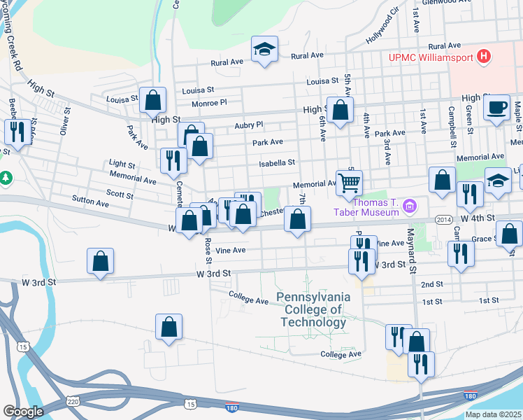 map of restaurants, bars, coffee shops, grocery stores, and more near 1172 West 4th Street in Williamsport