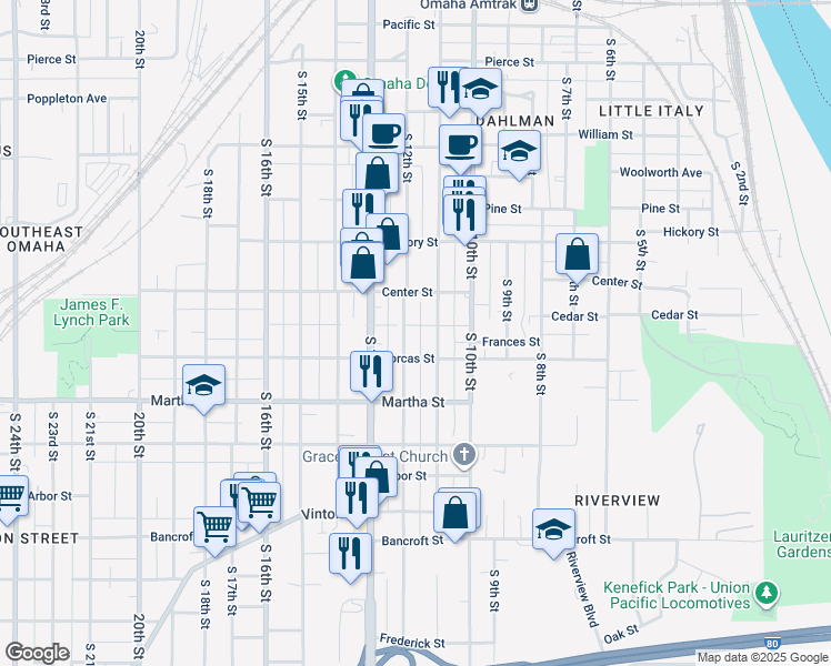 map of restaurants, bars, coffee shops, grocery stores, and more near 1960 South 11th Street in Omaha