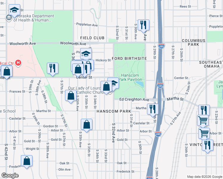 map of restaurants, bars, coffee shops, grocery stores, and more near 2110 South 32nd Avenue in Omaha