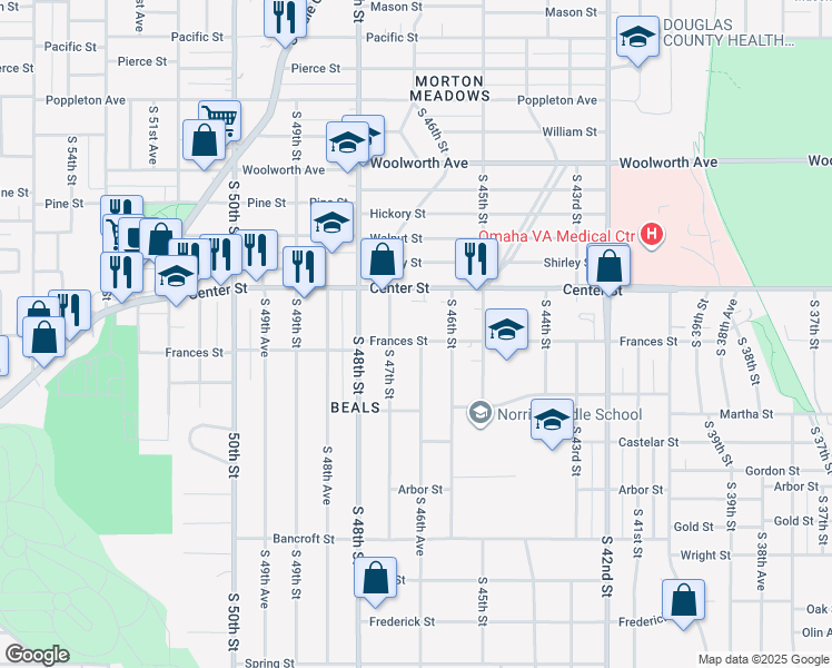map of restaurants, bars, coffee shops, grocery stores, and more near 2112 South 46th Avenue in Omaha