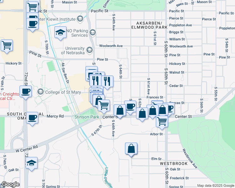 map of restaurants, bars, coffee shops, grocery stores, and more near 2110 South 64th Plaza in Omaha